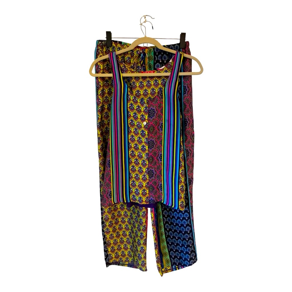 JOSIE  NATORI Stretchy  Pajama set Printed Blue/Red/Yellow Size XS
